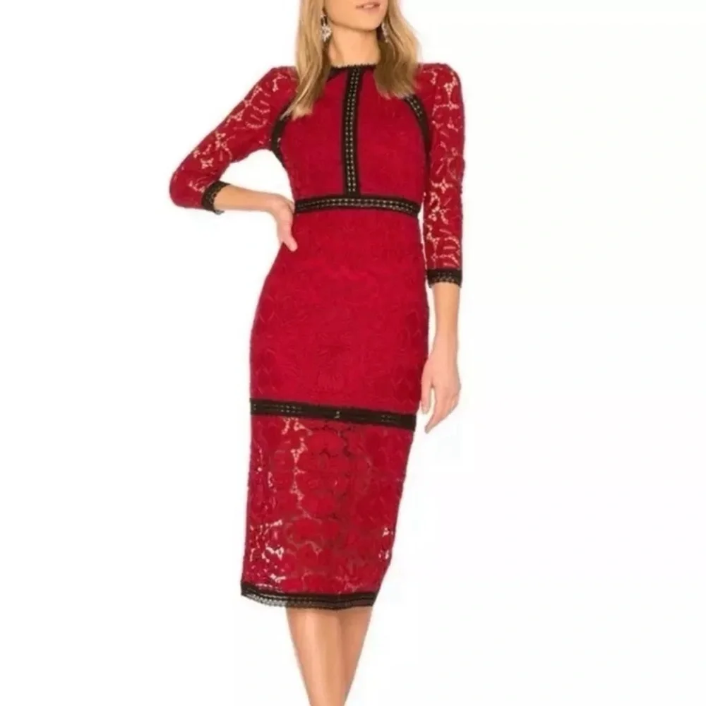 EUC Alexis Randie 3/4 Sleeve Lace Midi Dress In Red - Size S - Picture 1 of 12